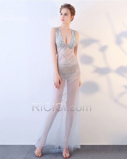 Sheath Sequin Beading Open Back See Through Formal Dresses Long Sexy Hot Dress Silver Gala Dresses Plunge
