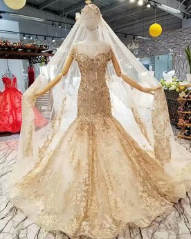 Tulle Open Back Mermaid Lace Gold Beading Long Bridal Gown