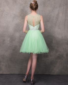 Short Cocktail Dress Transparent Graduation Dress Mint Green Cute Scoop Neck Flounce Tulle Beading Sleeveless