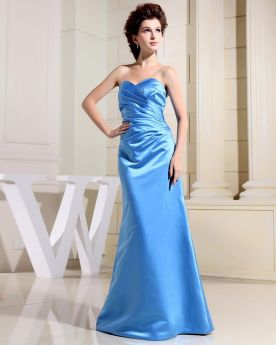 Prom Dress For Occasions Elegant Simple Long Backless Pleated Satin Sky Blue Mermaid Strapless