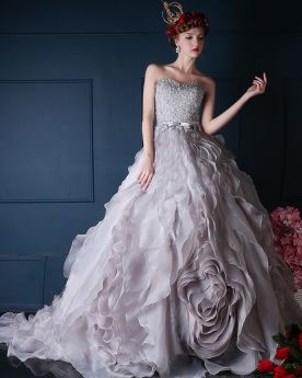 Strapless Appliques Backless Belt Tassel Ball Gown Long With Train Quinceanera Prom Dress For Occasions Tulle Lace Gray
