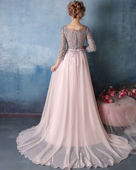 Bridesmaid Prom Formal Evening Dress Long With Train Charming Belt Half Sleeve Pink Empire Chiffon Lace
