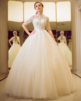Wedding Dresses With Lace Backless Long Spring Tulle Half Sleeve Elegant Ball Gown Hight Neck