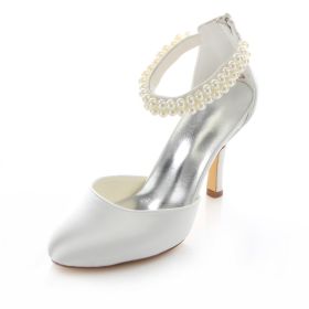 Satin Heels Stiletto Bridesmaid Wedding Shoes Sandals White Ankle Strap