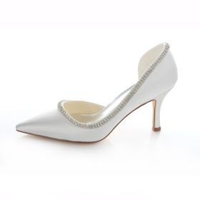 Stiletto Bridesmaid Bridal Womens Shoes High Heeled Rhinestones D orsay Heels Pumps 8 cm / 3 inch White Satin