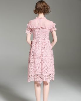 Light Pink Polyester High Neck Work Casual Dresses Short Sleeve Sexy Ruffle Hollow Out Sheath Spring Midi