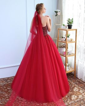 Ball Gown Prom Quinceanera Occasion Dress Long Tulle Red Open Back Bandeau Sweetheart