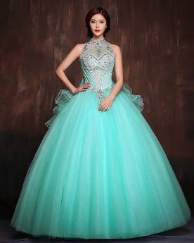 Ball Gown Sleeveless Long Sparkly Luxury Turquoise Quinceanera Prom Dresses Open Back