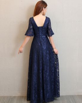 Bell Half Sleeve Lace Royal Blue Long Bridesmaid Occasion Dress Elegant Empire Open Back