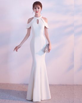 Formal Evening Dress For Party Long Open Back Hollow Out Simple Beautiful Halter Mermaid White Satin