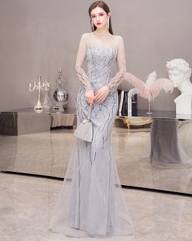 Sequin Sparkly Evening Dresses Party Gowns Backless Customizable Long Sleeve Long