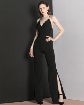 Low Cut Formal Dresses Chiffon Jumpsuits Elegant Open Back Sleeveless Long Black Slit