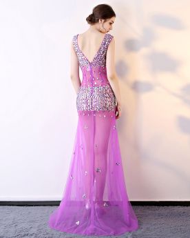 Long Red Carpet Dress Open Back Sequin Split Front Lilac Club Dress Plunge Fit And Flare Sexy Prom Dresses See Through Sparkly