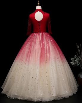 Ombre Quinceanera Dress Backless Half Sleeve Prom Dress Long Turtleneck Red