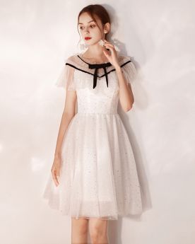 Semi Formal Dress Graduation Dress Bohemian Fit And Flare Knee Length Ivory Cocktail Party Dress Cute Ruffle Sequin