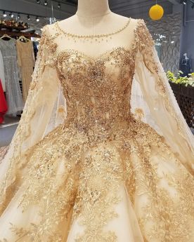 Bridal Gown Appliques Long Long Sleeve Embroidered Backless Ball Gown Luxury Gold Summer See Through Lace Sparkly