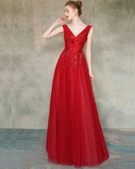 Rückenausschnitt A Linie Ballkleider V Ausschnitt Partykleider Abendkleider Rot Elegante Lange