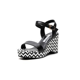 Fashion Printed 6 cm Heel Platform Comfortable Leather Wedges Black Sandals For Women