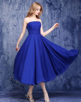 Fit And Flare Bridesmaid Dresses Juniors Wedding Guest Dress Tea Length Simple Sleeveless Chiffon Strapless Royal Blue
