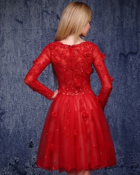 Semi Formal Dresses Cute Juniors Cocktail Dress Sweet 16 Dress Lace Red Long Sleeves