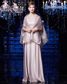Formal Evening Dresses Organza Spring Embroidered Pearl Pink Mother Of Bridal Dress Beautiful Scoop Neck Modest Satin Long