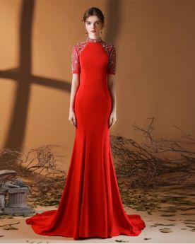 Long Homecoming Dress Formal Evening Dresses High Neck Red Mermaid