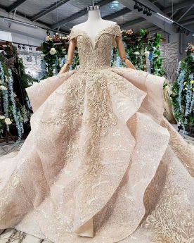 Wedding Dress Long Lace Church Ruffle Peplum Gold Glitter Sparkly Appliques Ball Gown
