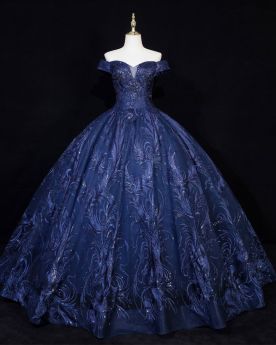 Vestidos De 15 Años Azul Marino Manga Corta Hombros Caidos Vestidos De Fiesta Princesa Elegantes Largos