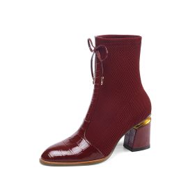 Sock Patent Block Heel Boots Burgundy Leather Ankle Boots Mid Heel Stretch Tulle Round Toe Chelsea