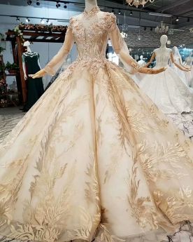 Lace With Train Gold Long Sleeved Wedding Dress Church Glitter Ball Gown Low Cut See Through Beautiful