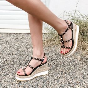 Studded High Heels Going Out Shoes Wedges Sandals For Women Espadrilles Leather Black Sexy