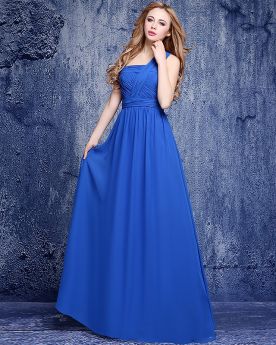 Pleated Simple Sleeveless One Shoulder Empire Wedding Guest Dresses Cold Shoulder Backless Chiffon Bridesmaid Dress Beautiful Royal Blue