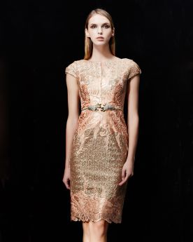 Glitter Semi Formal Dresses Gold Knee Length With Belt Sheath Lace Scoop Neck Cocktail Dress