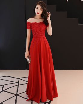 Maxi Off The Shoulder Charming Appliques Bridesmaid Dress Chiffon Empire Lace Formal Evening Dress Red