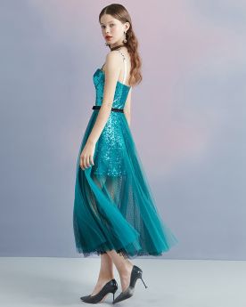 Cocktail Dresses Sparkly Sequin Ankle Length Open Back Tulle Sleeveless Homecoming Dress Green