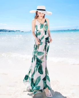 Summer Empire Beachwear Bohemian Olive Green Open Back Chiffon Dresses Maxi Spaghetti Strap