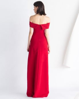 Simple Satin Evening Dresses Red Off The Shoulder Occasion Gowns Vintage Empire Long Wedding Guest Dresses