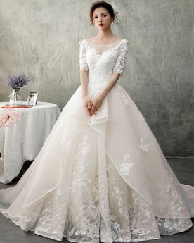 Backless Lace Wedding Dresses Elegant Tulle Ball Gown Long