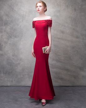 Appliques Charmeuse Red Bridesmaid Dress Sheath Long Sleeveless Evening Dress Open Back
