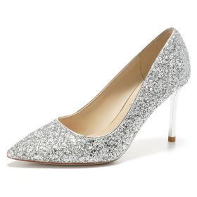 10 cm High Heel Glitter Wedding Shoes Stiletto Heels Pointed Toe Silver Pumps Shoes