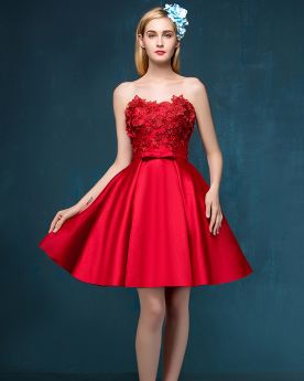 Bandeau Sweetheart Short Red Lace Bohemian Cocktail Dresses Sleeveless