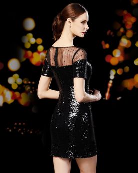 2019 Black Sheath Little Black Dress Cocktail Dresses Sequin Short Sleeve For Juniors Sparkly Short