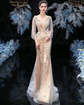 Mermaid Charming Backless Prom Dresses Formal Evening Dresses Tulle Long Sequin Sparkly Champagne Gorgeous With Train