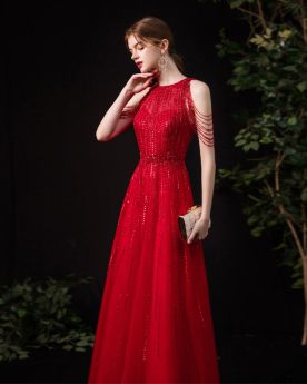 Princess Sparkly Fringe Long Sleeveless Beading Red Prom Dresses Scoop Neck Formal Evening Dress Empire Homecoming Dress Gorgeous Cute Sequin