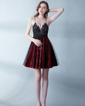 Backless Fit And Flare Appliques Sparkly Short Semi Formal Dress Lace Burgundy Cocktail Dress Sequin