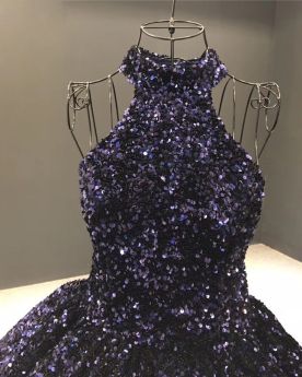 Ombre Sweet 16 Dresses Gorgeous Sparkly Sequin Open Back Sleeveless Ball Gown Navy Blue Halter Quinceanera Dresses Prom Dresses