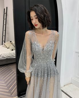 Clearance Plunge Beading Club Dress Backless Formal Evening Dress Sweet 16 Dress With Train See Through Sequin Long Sleeved Dress For Special Occasion Sparkly
