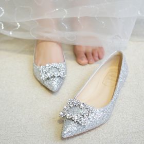 Flat Wedding Shoes Sparkly Ballerina Prom Shoes Glitter Silver
