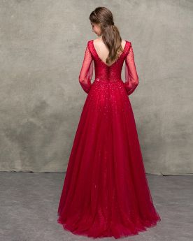 Formal Evening Dresses Backless Long Sleeves Tulle Burgundy Elegant Sparkly Sequin Prom Dresses Princess