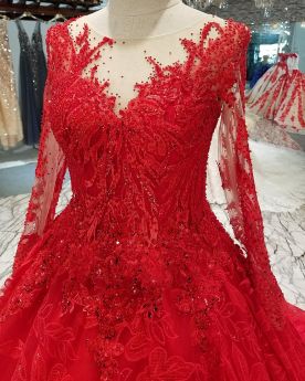 Appliques Red Transparent Wedding Dresses Long Elegant Plunge Lace Ball Gown Long Sleeved